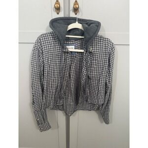 American Eagle Cropped Plaid Flannel Hoodie Shirt Black White Distressed Small